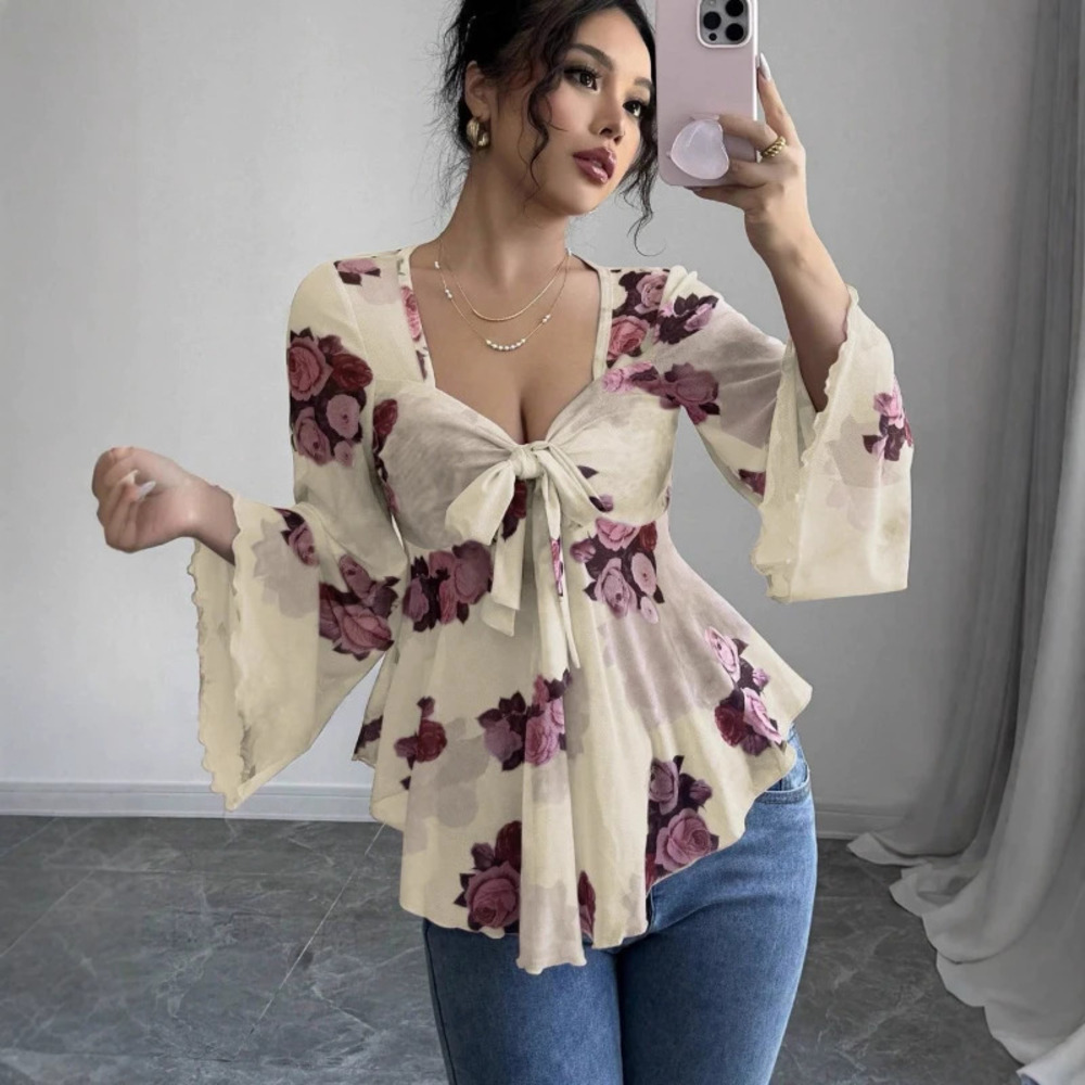 Elegant Casual Sheer Mesh Blouse Sexy Vacation French Floral Bow Tie Asym Hem